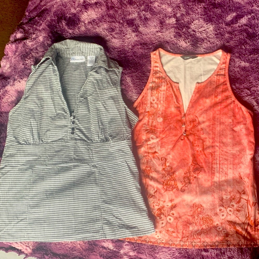 Bundle of TWO Mediums-Black & White Checkered and Coral Floral Sleeveless tops
